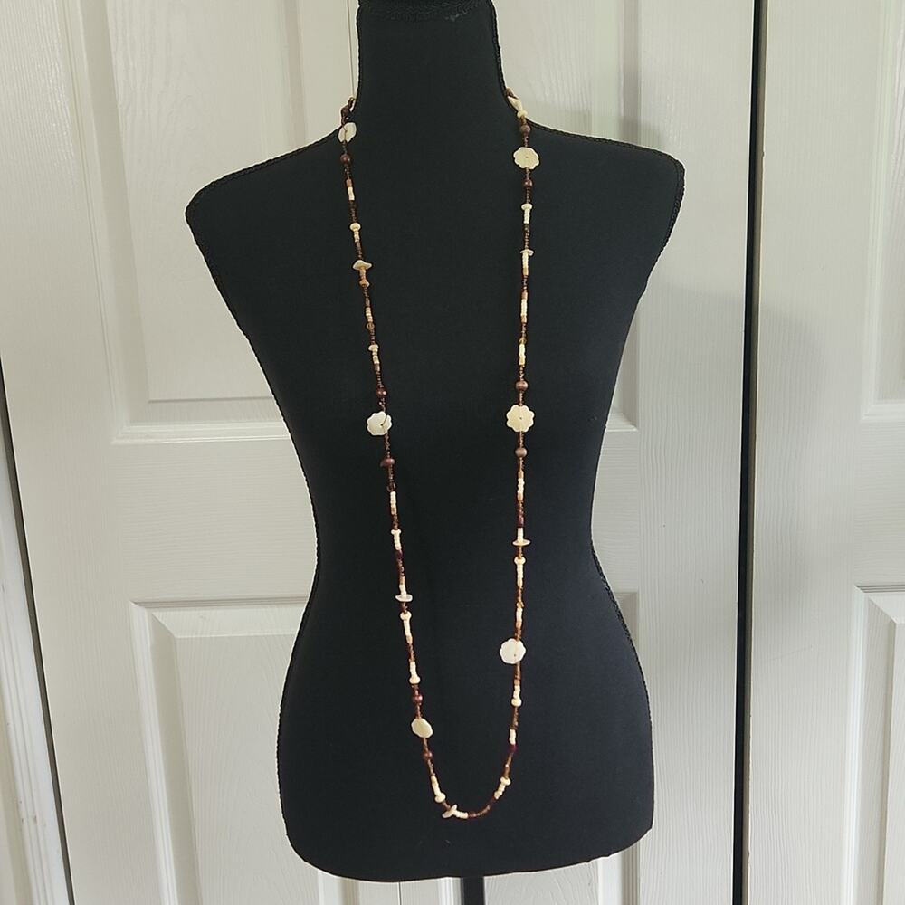 Necklace Brown Tan & Cream Shell Beaded Versatile Length Beach Bohemian Hippie